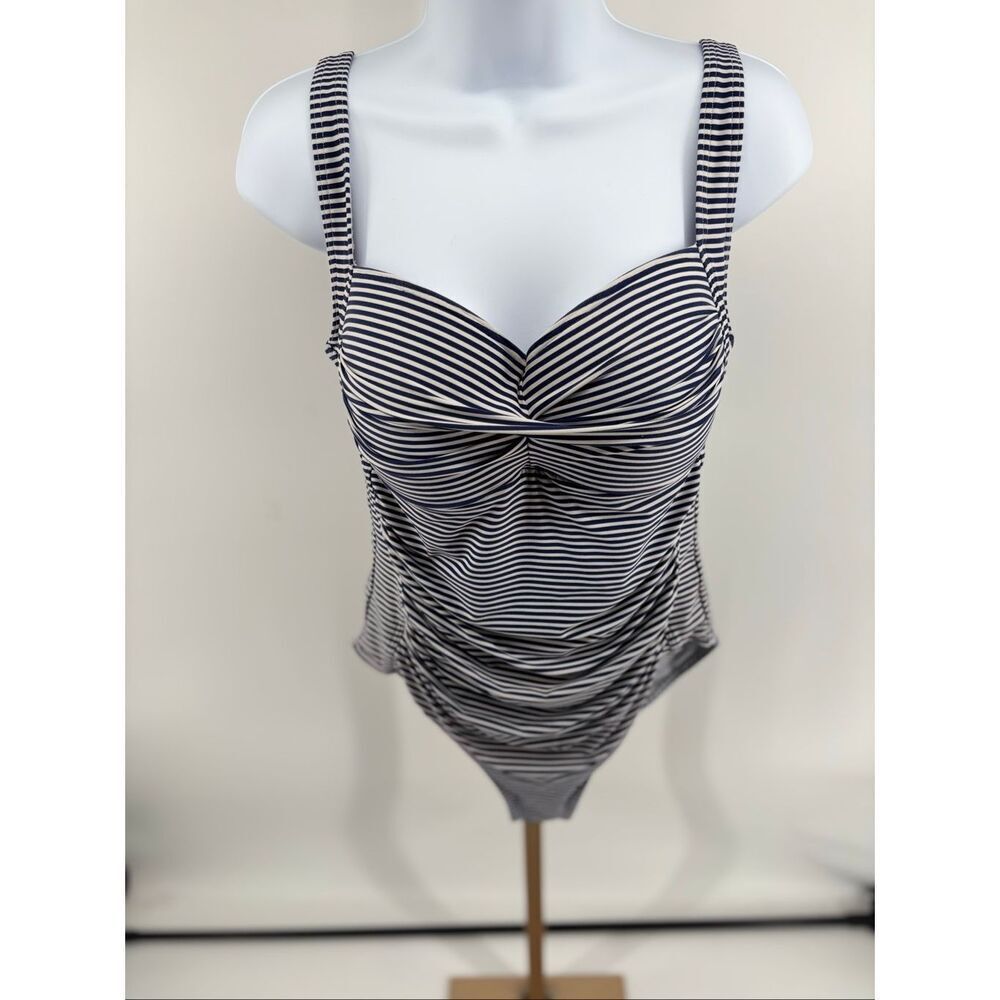 Nip Tuck Swim Navy Blue White Striped Ruched One Piece Swimsuit Size 12